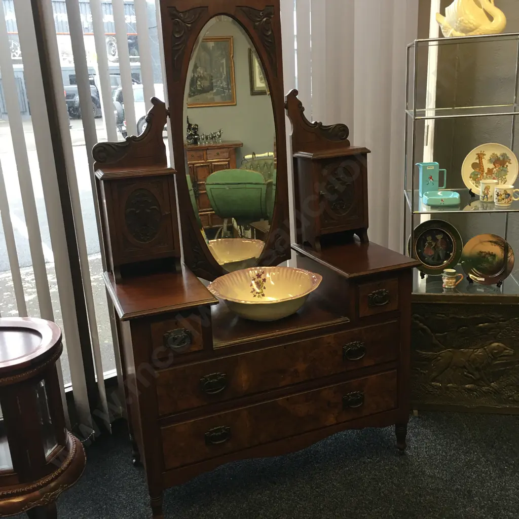 Edwardian Walnut & Burr Walnut Dressing Table, Carved, Bevelled Oval Mirror, Original Handles & Castors, H176 W107 D49cm Image 1++